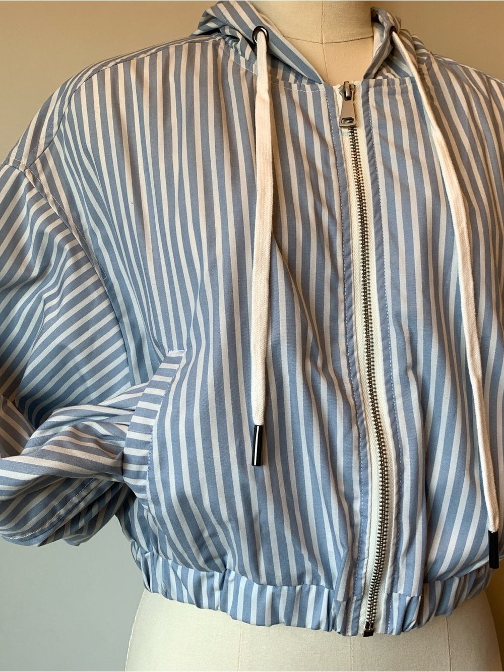 Urban Outfitters Blue and White Striped Hooded Bomber Jacket